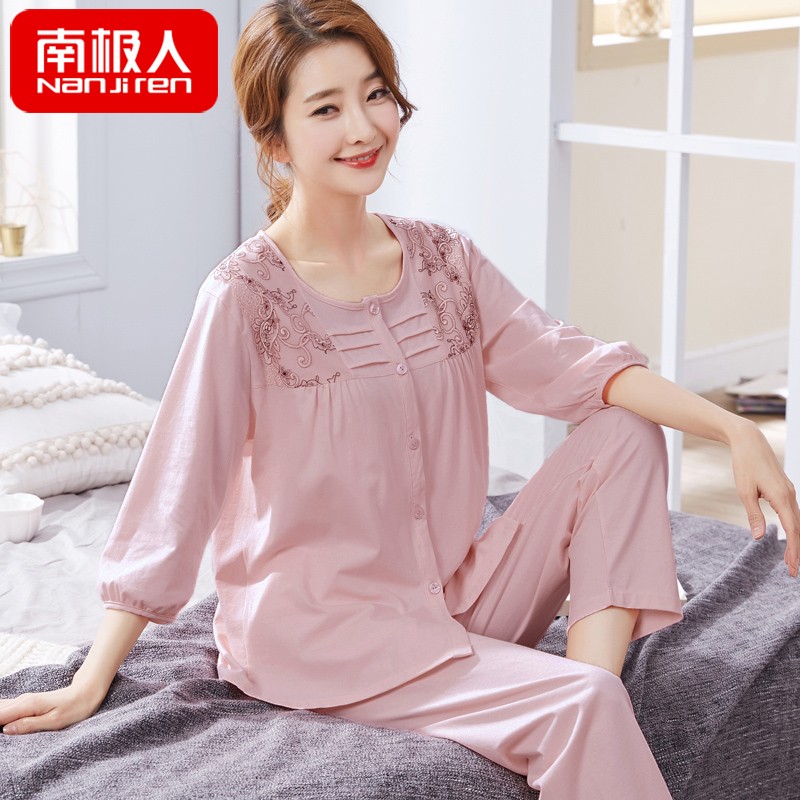 春秋季七分袖睡衣女纯棉中袖长裤中年妈妈夏季中老年人莫代尔套装