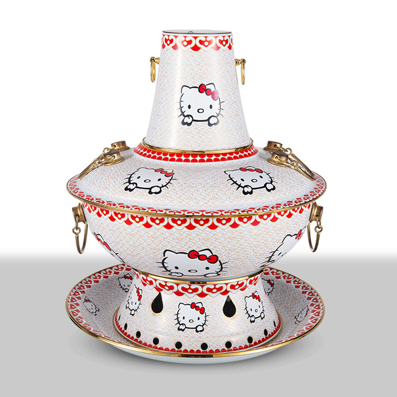 网红HelloKitty珐琅彩环保油铜火锅景泰蓝酒精锅涮羊肉锅家用商用