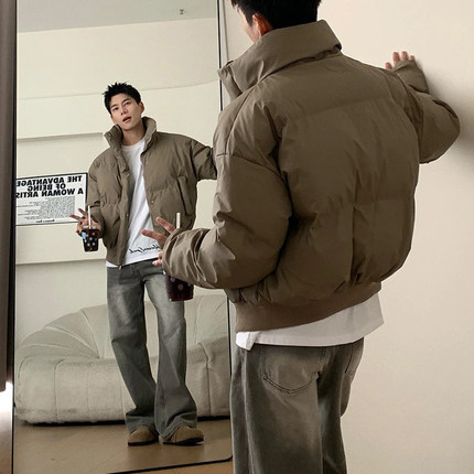 美拉德短款立领羽绒棉服男款冬季加厚pu皮棉衣外套潮牌情侣面包服
