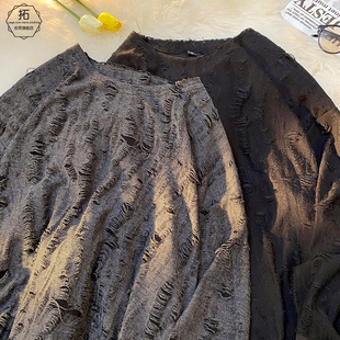 破洞长袖T恤潮牌夏季薄款无帽乞丐衣服破烂男下摆打底衫oversize