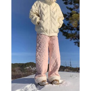 葫芦纹多巴胺棉裤男款冬季潮牌加绒加厚羊羔绒裤子卷边保暖滑雪裤