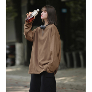 t恤oversize打底薄 长袖 深咖色美式 慵懒chic卫衣男春秋中山情侣装