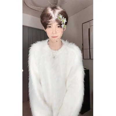 白色水貂绒毛衣男款秋冬季