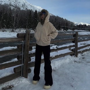 纯黑色高弹弯刀加绒牛仔裤男款秋冬美式高街vibe裤子显腿长微喇裤