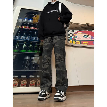 美式复古迷彩裤男款冬季加绒高街伐木工装裤子潮牌修身直筒牛仔裤