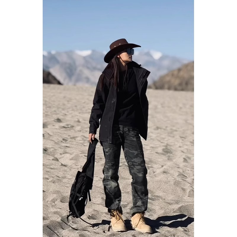 迷彩加绒工装裤女款冬季美式高街vibe伐木裤子显瘦直筒弯刀微喇裤图片