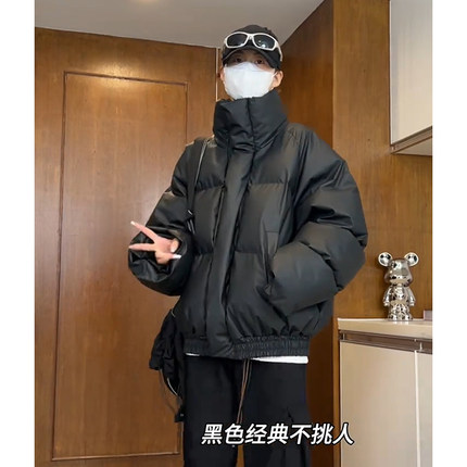 黑色高领羽绒棉服男款冬季加厚保暖美式高街潮牌PU皮机车外套棉衣