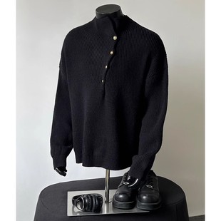 黑色半高领纽扣毛衣男款冬季慵懒风铜扣高级感针织衫cleanfit外套