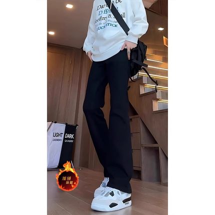 黑色加绒牛仔裤男秋冬款美式高街vibe裤子潮牌高腰提档直筒微喇裤
