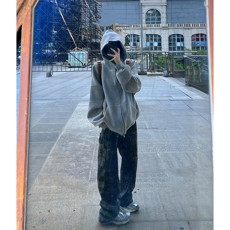 灰色连帽卫衣男款秋冬季加绒