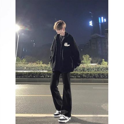 黑色微喇牛仔裤男款春秋季加绒加厚弹力裤子美式高街vibe直筒长裤