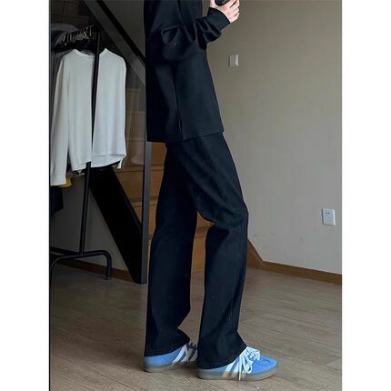 黑色弹力加绒牛仔裤男款秋冬美式高街vibe裤子修身直筒弯刀微喇裤