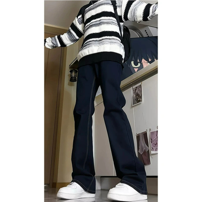 美式复古丹宁蓝原牛牛仔裤男款秋冬款vibe裤子加绒cleanfit微喇裤