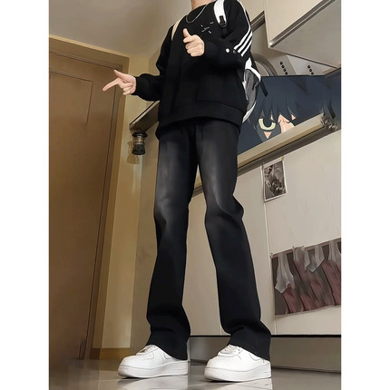 美式复古渐变牛仔裤男款秋冬加绒加厚裤子高街vibe显瘦直筒微喇裤