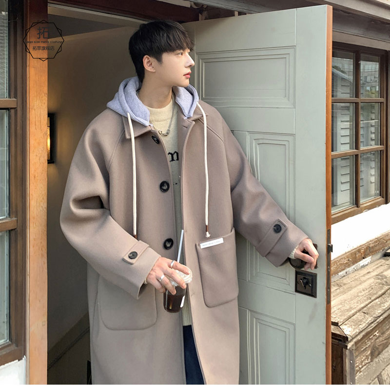 假两件连帽毛呢大衣男