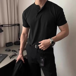 口健身显肌肉五分半袖 硬汉穿搭亨利领t恤男短袖 紧袖 弹力修身 夏季