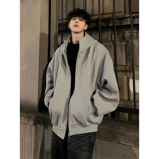 灰色廓形520g重磅硬挺连帽卫衣男春秋季oversize美式高街开衫外套