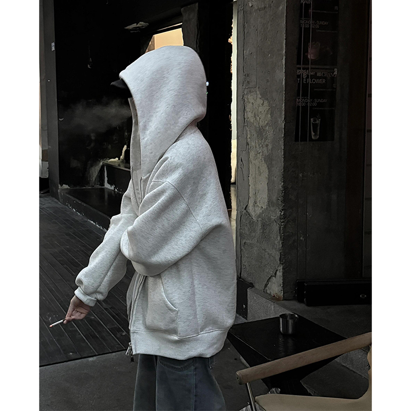 灰色连帽加绒卫衣男款秋冬季