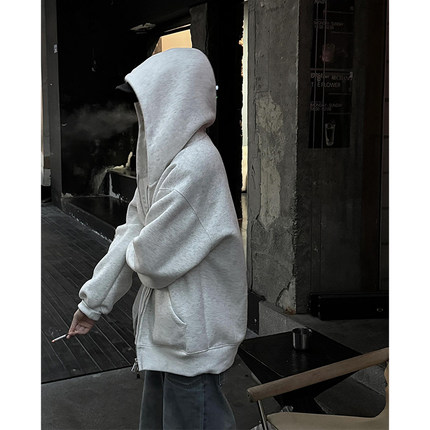 灰色连帽加绒卫衣男款春秋季重磅美式cleanfit开衫外套高级感夹克