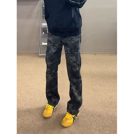 美式复古加绒迷彩牛仔裤男款秋冬显高显瘦裤子高腰伐木工装微喇裤