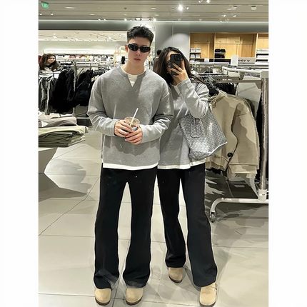 美式加绒假两件v领卫衣男款秋冬肌理感情侣长袖t恤重磅灰色打底衫