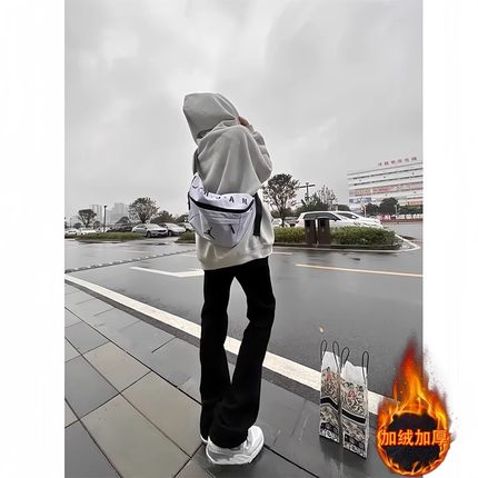cleanfit黑色高弹微喇牛仔裤男款秋冬加绒裤子美式高街vibe微喇裤