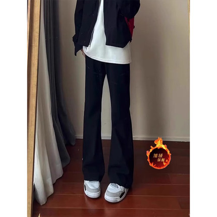 cleanfit黑色加绒牛仔裤男秋冬款美式高街潮牌裤子修身直筒微喇裤