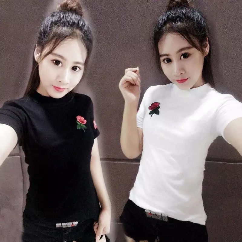 大码T恤女装气质半高领修身短袖内搭打底衫ins潮洋气百搭半袖上衣