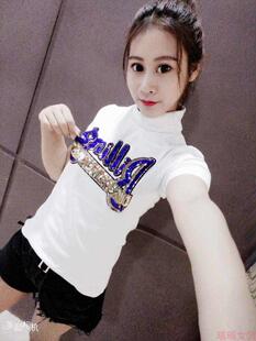 新款高领短袖打底衫女通勤套头字母亮片修身显瘦半袖T恤秋冬上衣