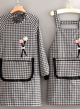 灰色格子花边口袋围兜兜做饭家用罩衣长袖布料透气耐磨上班围裙wq