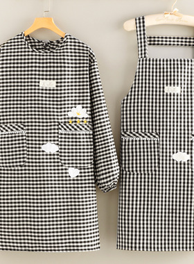 白云爱心图案围兜兜 灰色防水布料长袖厨房做饭围裙罩衣罩一照衣z