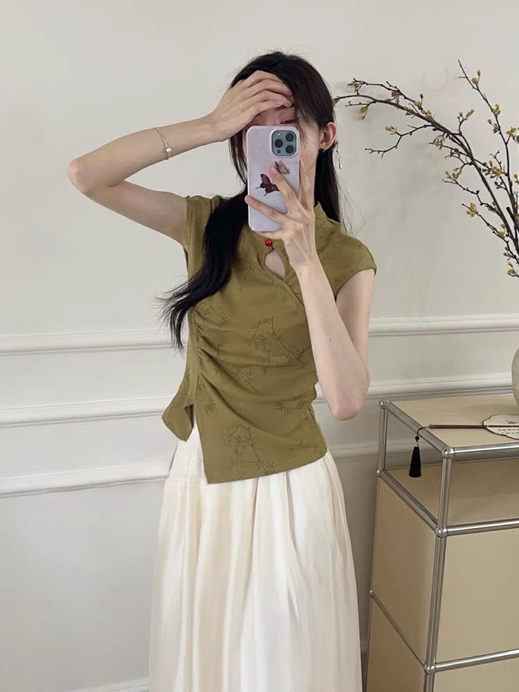 新中式禅意盘扣立领短袖上衣