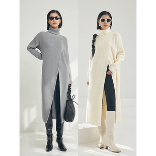 TINNTINN设计感高开衩斜门襟高领长款 针织长裙宽松套头毛衣连衣裙