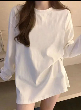 韩国ins复古纯棉长袖T恤圆领简约百搭男女同款纯白色春秋打底新款