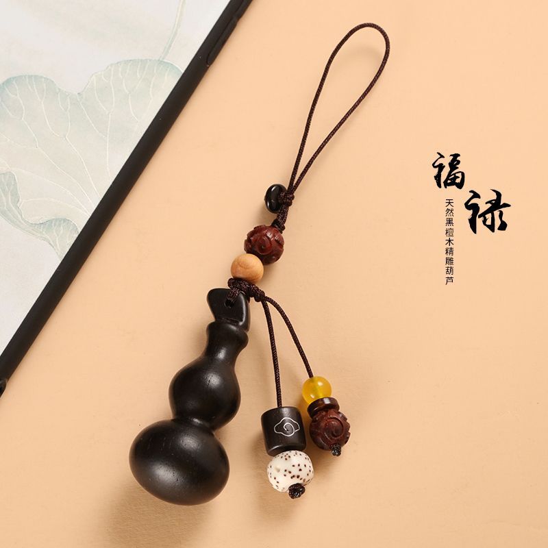 原创黑檀木小葫芦手机挂件茶水晶