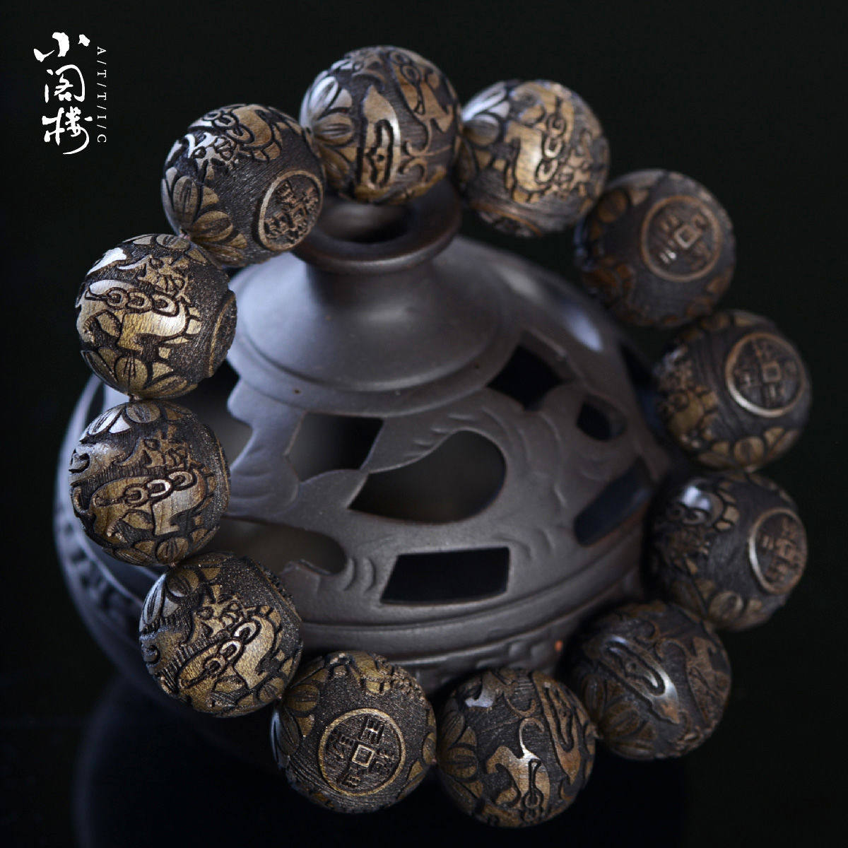 阴沉金丝楠木手串招财貔貅乌木雕刻文玩佛珠手链男20饰品老料