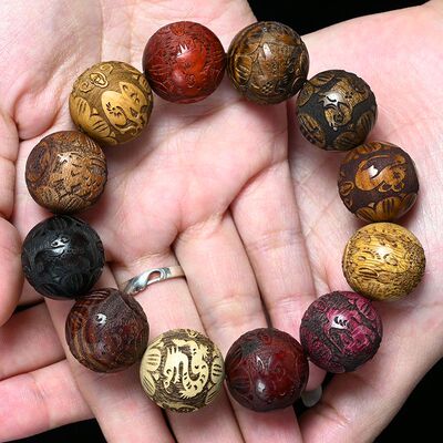 天然原木多宝珠手串精工雕刻牛转乾坤黑檀花梨男女情侣款手链