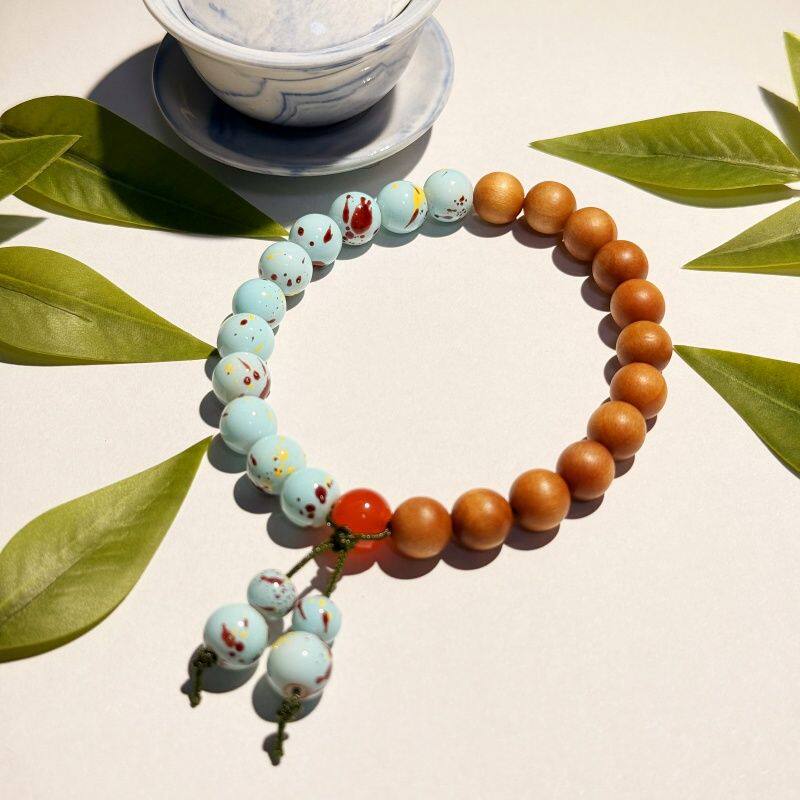 檀香木寿山石单圈手串绿檀佛珠木男女情侣手链民族风念珠饰品