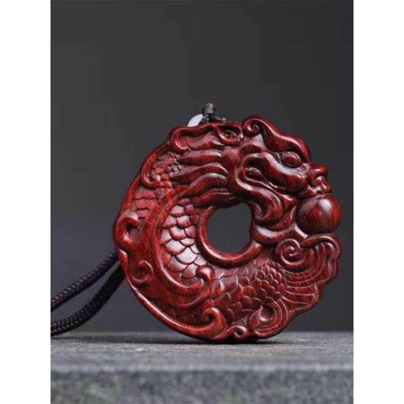 墨雅古轩精雕鱼化龙小叶紫檀龙鱼手把件吉祥圆形吊坠文玩把件