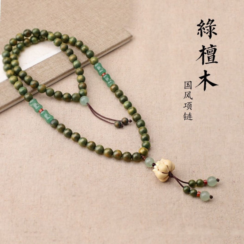 原创古风滴血莲花绿檀项链中长款