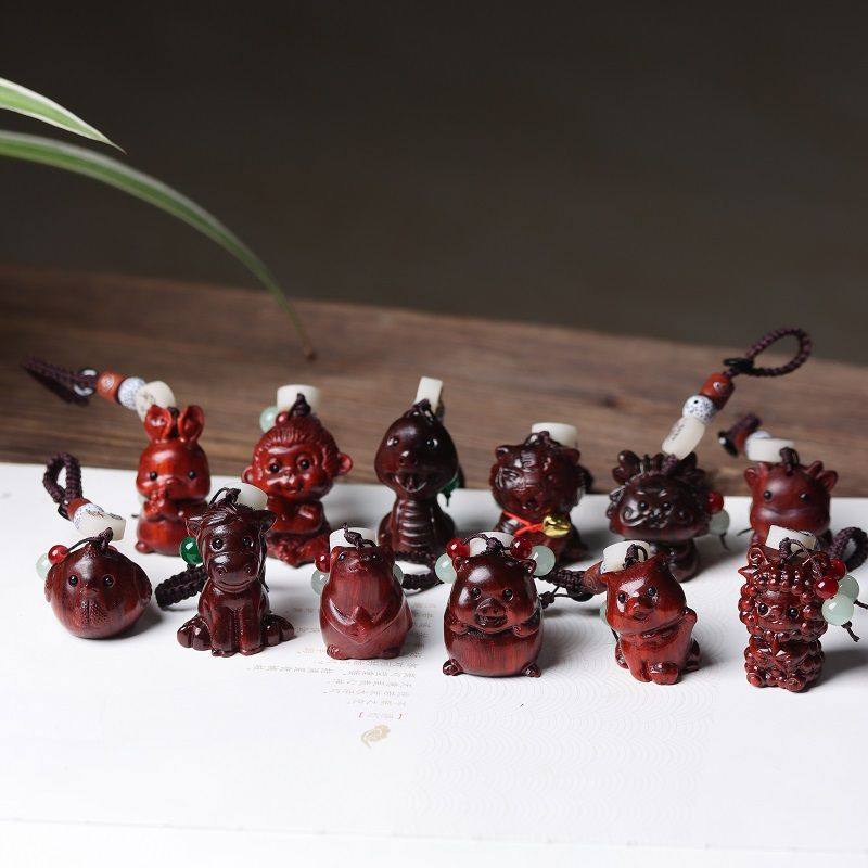 小叶紫檀木雕十二生肖汽车钥匙扣鼠牛虎兔龙猴鸡狗猪包包手机挂件