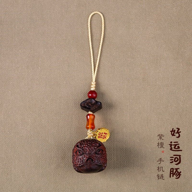 绿檀木雕河豚古法沙金珐琅挂饰铃