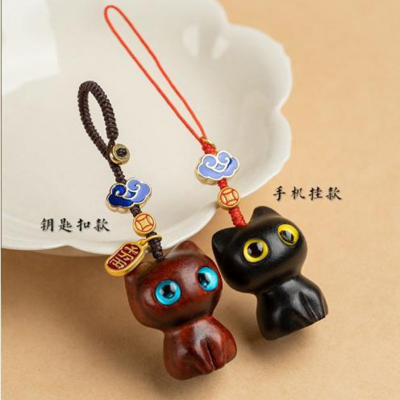手机挂件情侣款一对黑檀木猫咪小