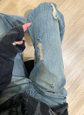 LA-7265-043 新款破洞牛仔裤女大码胖mm宽松显瘦设计感阔腿裤子