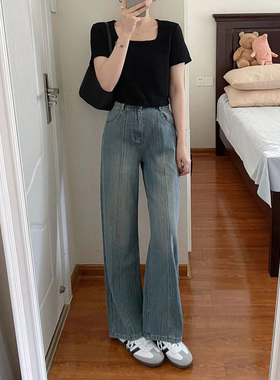 LA-7221-042大码牛仔裤女直筒胖mm梨形身材阔腿显瘦裤子