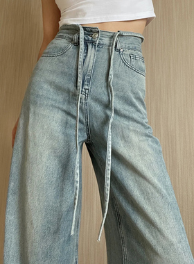 LA-7212-042高腰复古直筒牛仔裤女春季大码胖mm显瘦做旧拖地裤子