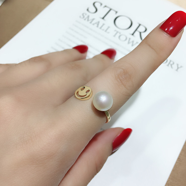 DIY配件 S925纯银简单笑脸款开口可调节活口戒指空托珍珠银托女韩