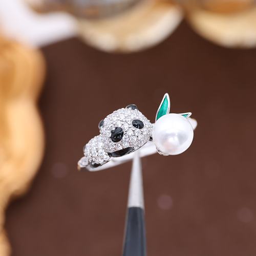 DIY珍珠配件 S925纯银小熊猫戒指空托 珍珠指环戒托指圈5-8mm圆扁