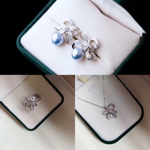 DIY珍珠配件 S925纯银M家蝴蝶结吊坠耳钉戒指套装半成品空托女款