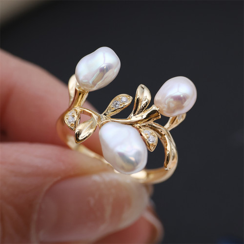 DIY配件 S925纯银时尚多珠树枝戒指空托 珍珠指环戒托指圈配5-7mm